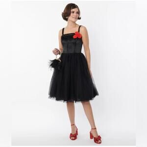 UNIQUE VINTAGE Black Satin 1950s Retro Black Swing Dress with Red Rose Sz L #11